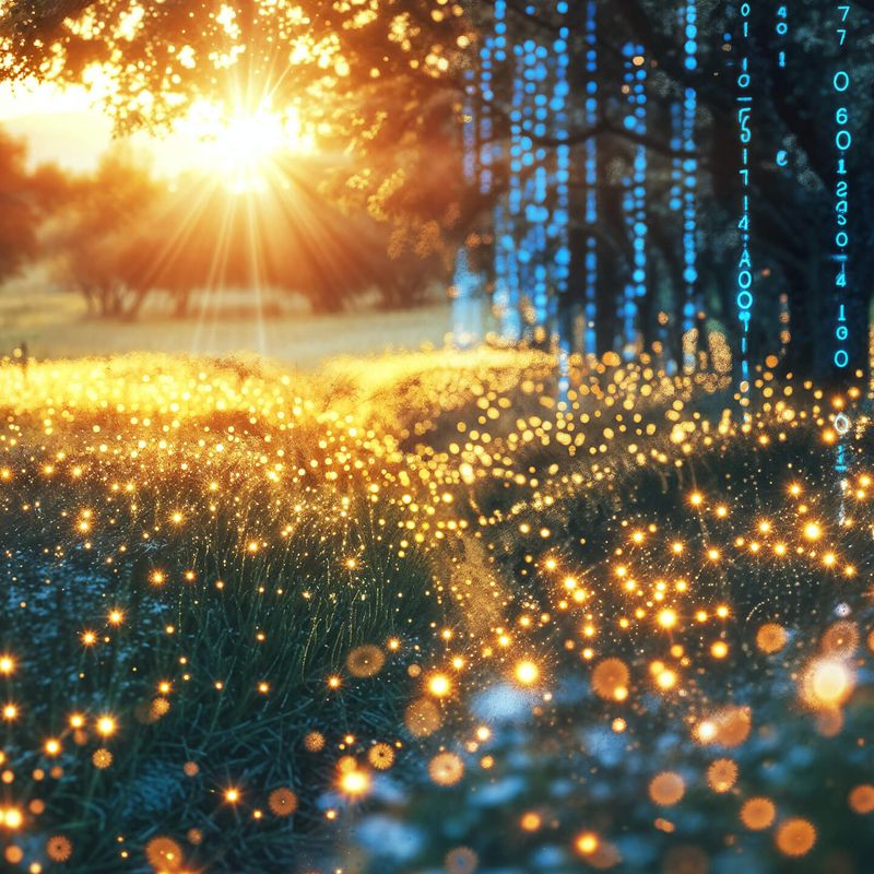 An abstract image of a beautiful meadow at sunset on the edge of a wood. Blue computer code falls from the trees in streams, the meadow is covered with digital lights