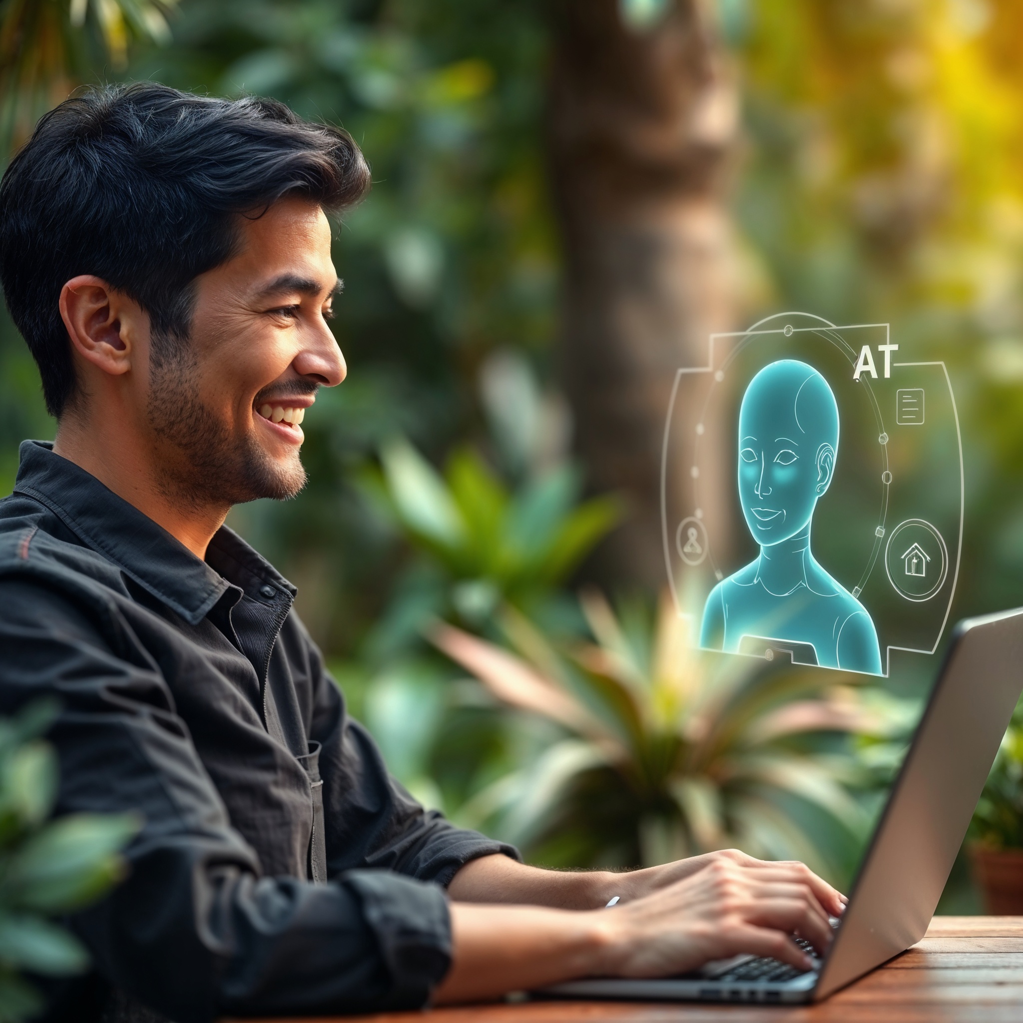 Person collaborating with design AI in a futuristic office filled with greenery.